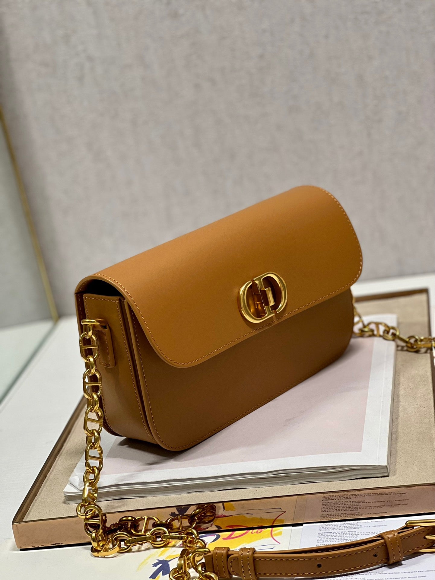 Dior 30 Montaigne Avenue Bag In Gold Brown Box Calfskin