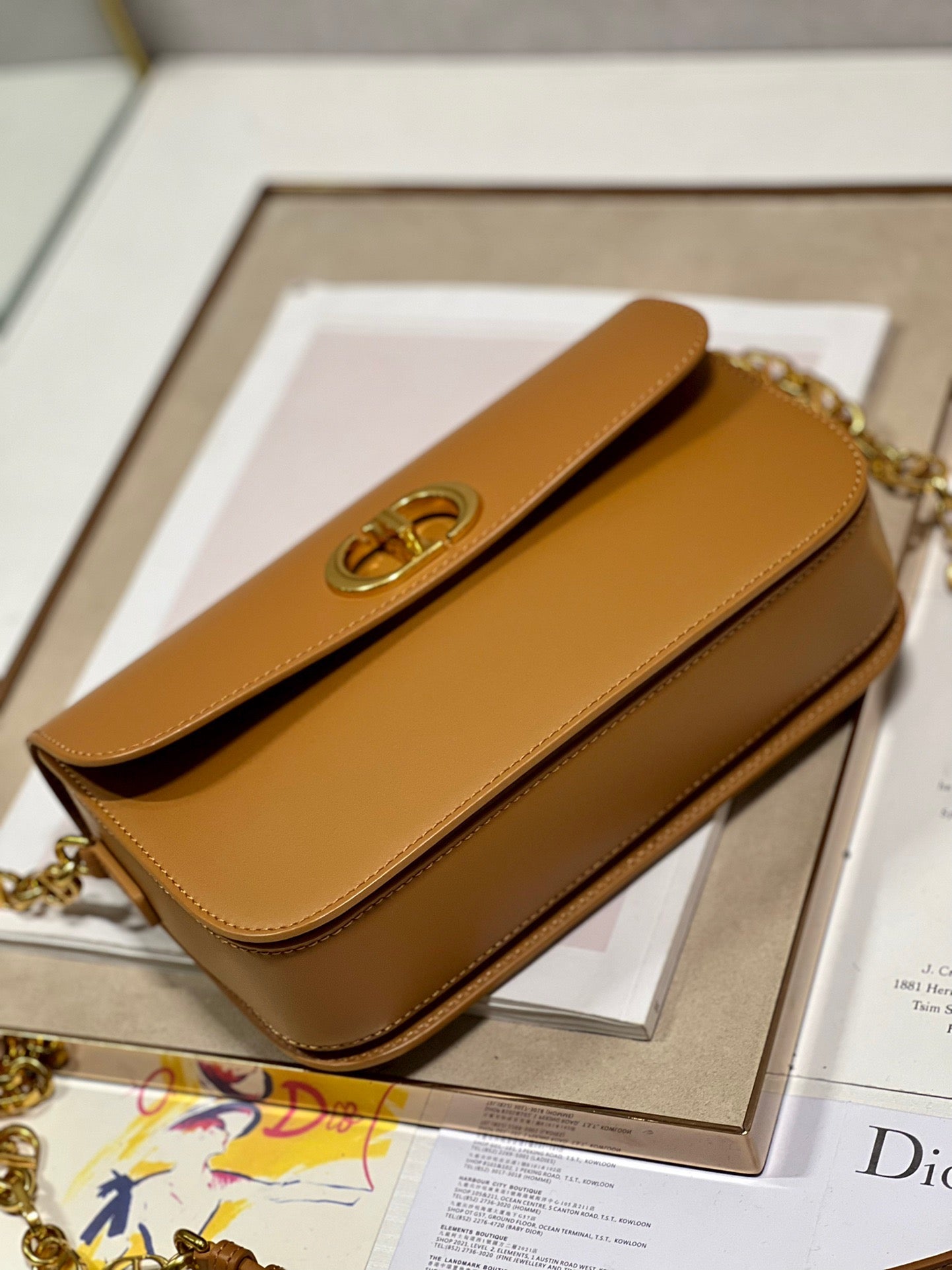 Dior 30 Montaigne Avenue Bag In Gold Brown Box Calfskin