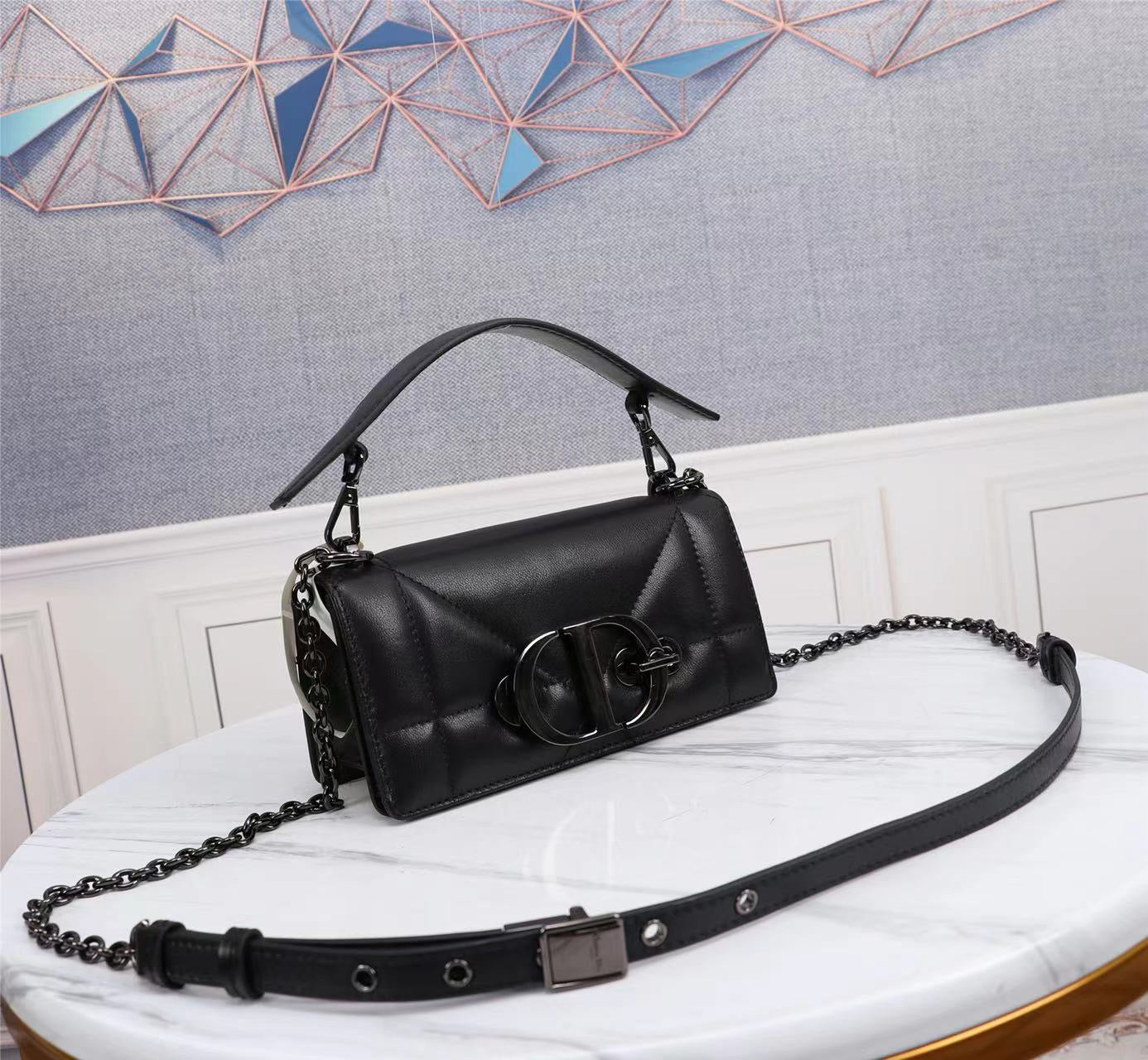 Dior 30 Montaigne Chain Bag With Handle In Black Lambskin