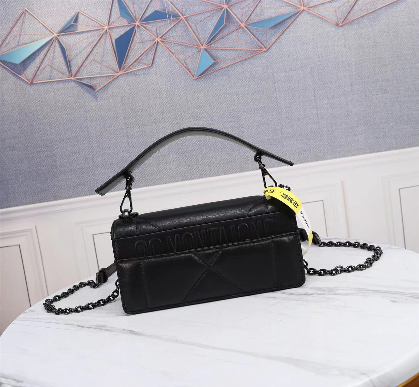 Dior 30 Montaigne Chain Bag With Handle In Black Lambskin