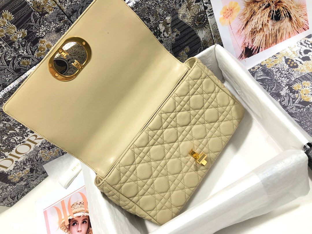 Dior Caro Large Bag In Light Yellow Cannage Calfskin