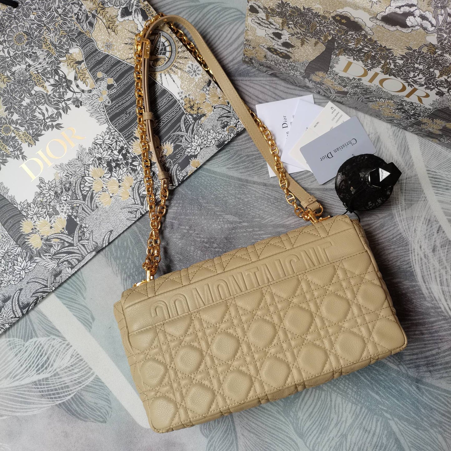 Dior Caro Large Bag In Beige Cannage Calfskin