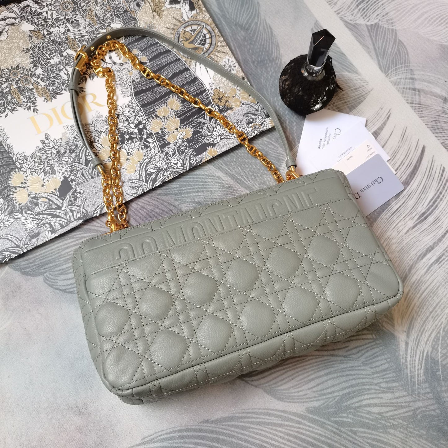 Dior Caro Large Bag In Light Gray Cannage Calfskin