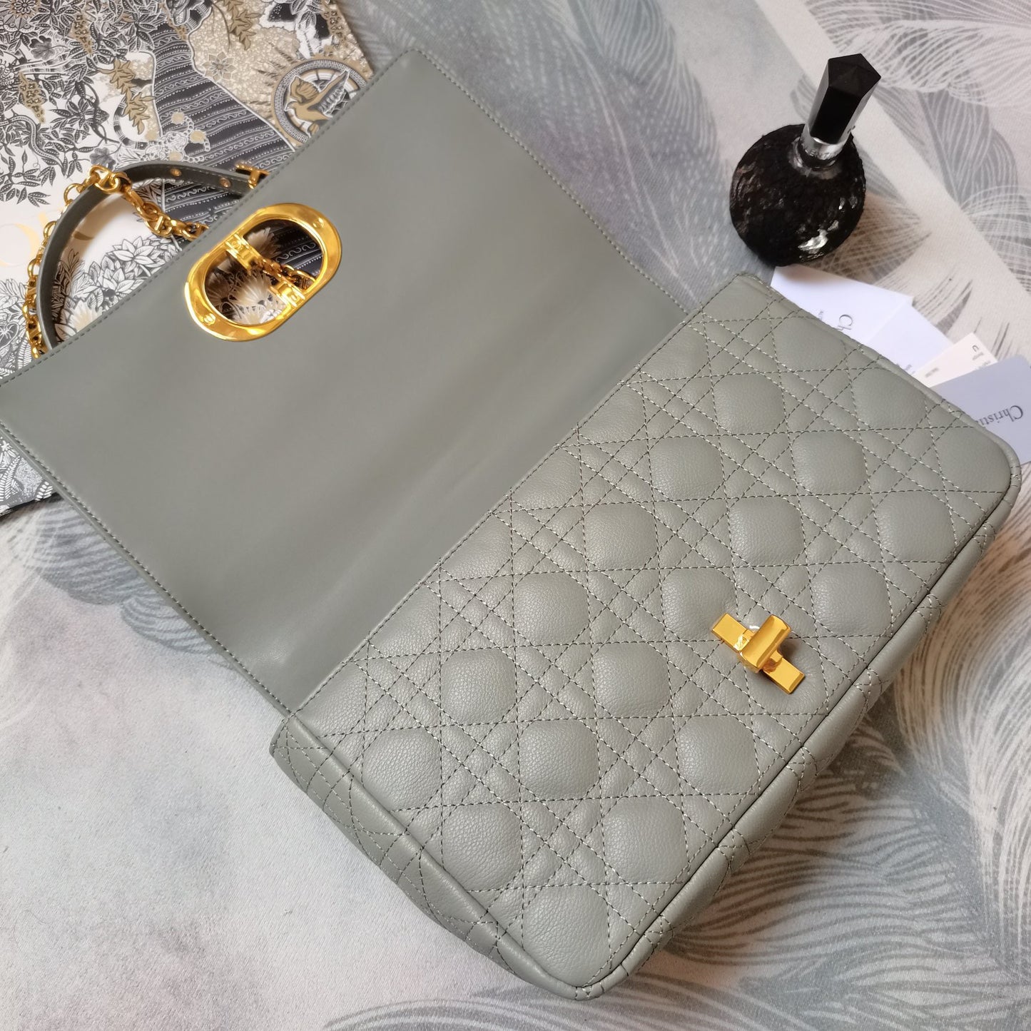 Dior Caro Large Bag In Light Gray Cannage Calfskin