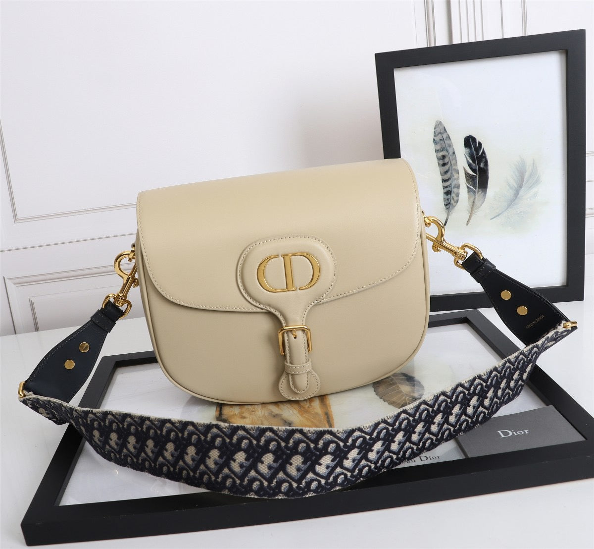 Dior Bobby Large Wide Shoulder Strap  Bag In Beige Calfskin