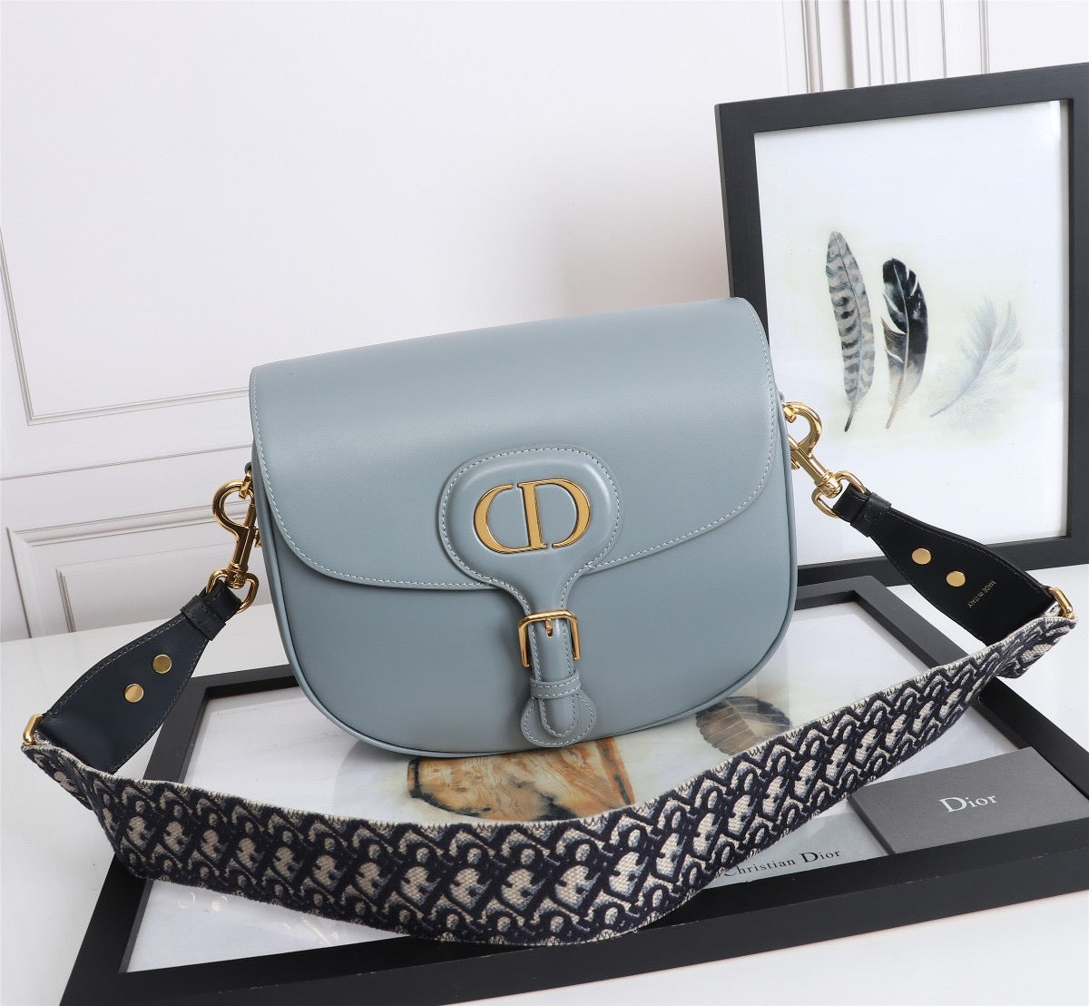 Dior Bobby Large Wide Shoulder Strap  Bag In Haze Blue Calfskin