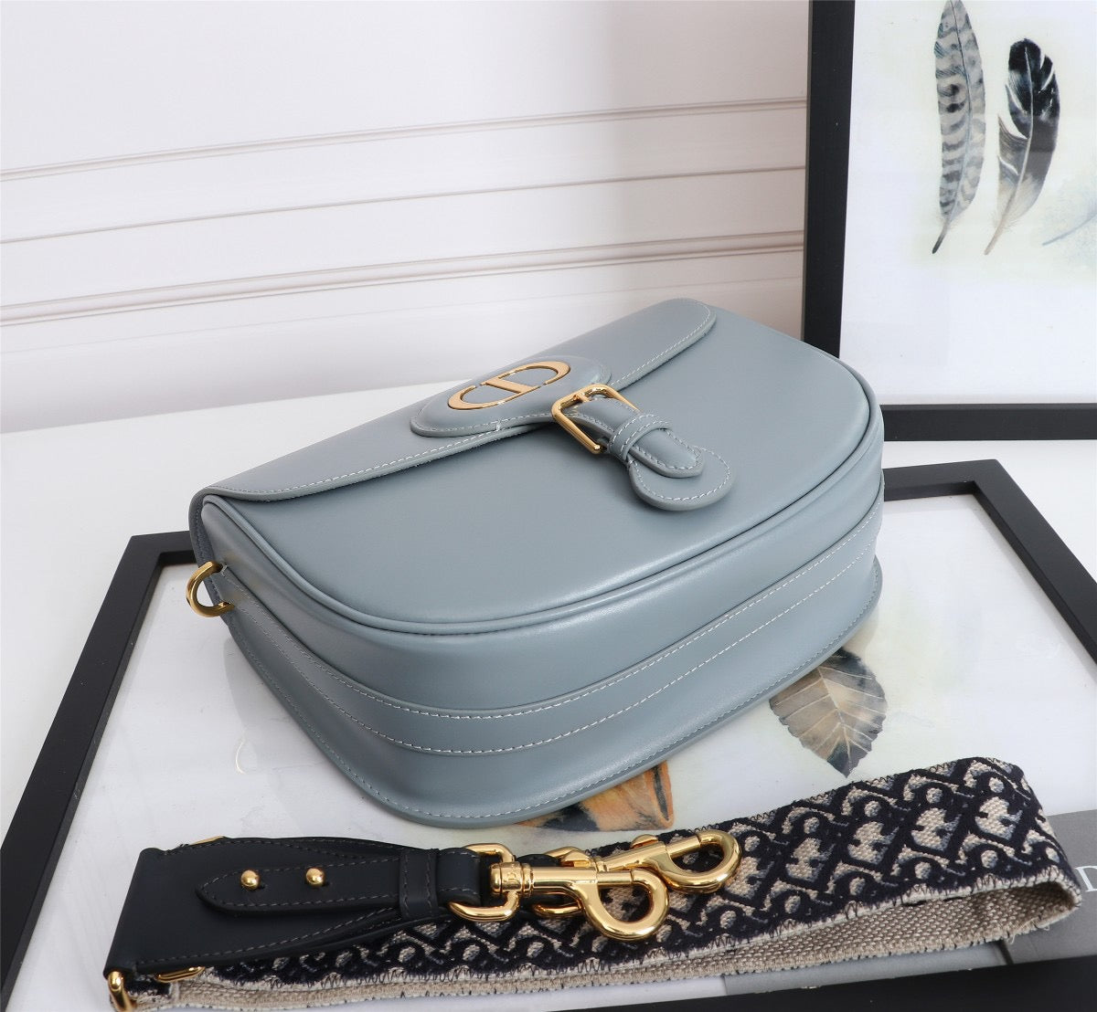 Dior Bobby Large Wide Shoulder Strap  Bag In Haze Blue Calfskin