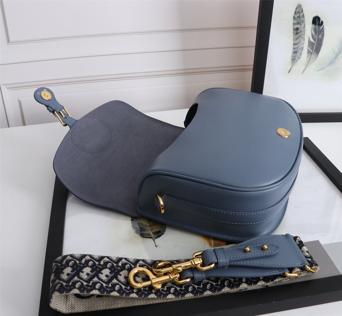 Dior Bobby Large Wide Shoulder Strap  Bag In Dark Blue Calfskin