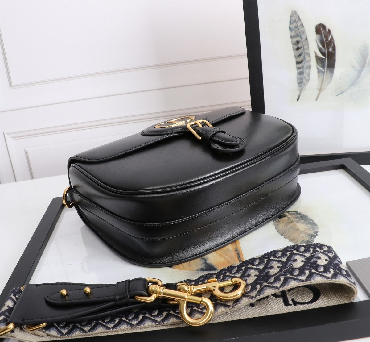 Dior Bobby Large Wide Shoulder Strap Bag In Black Calfskin