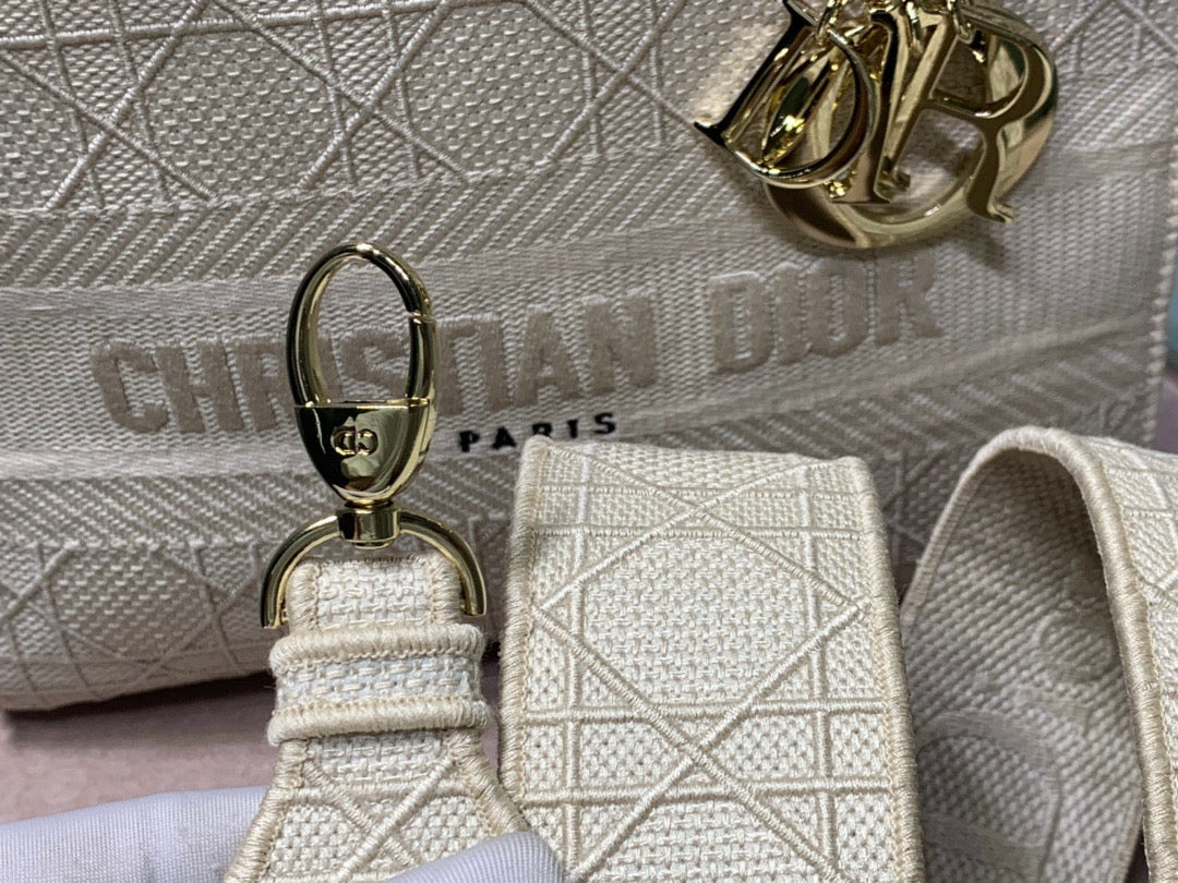 Dior Lady D-Lite Medium Bag In Beige Cannage Embroidered Canvas