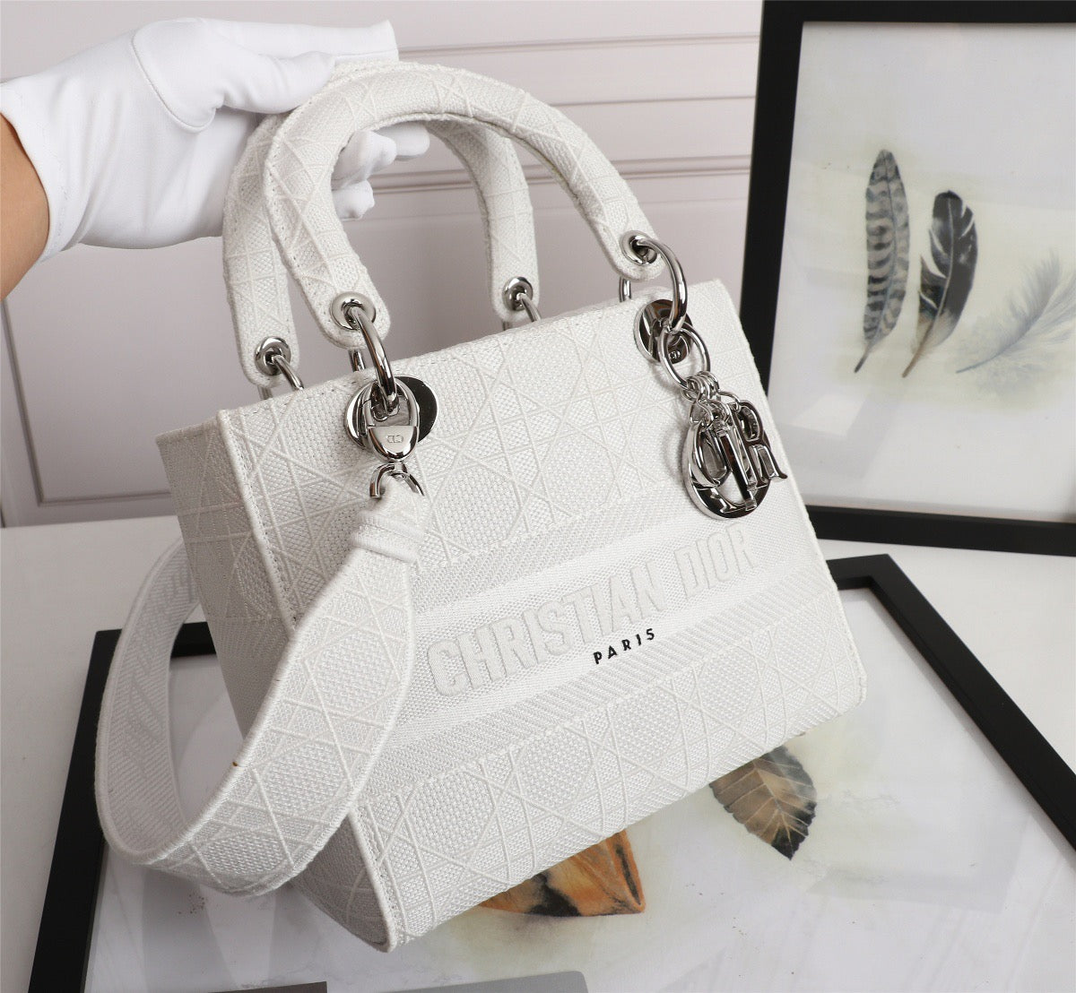 Dior Lady D-Lite Medium Bag In White Cannage Embroidered Canvas