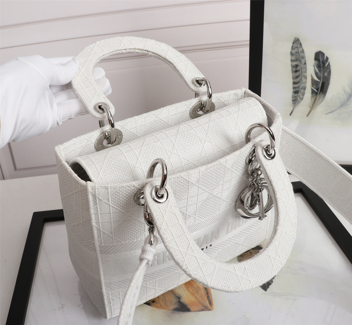 Dior Lady D-Lite Medium Bag In White Cannage Embroidered Canvas