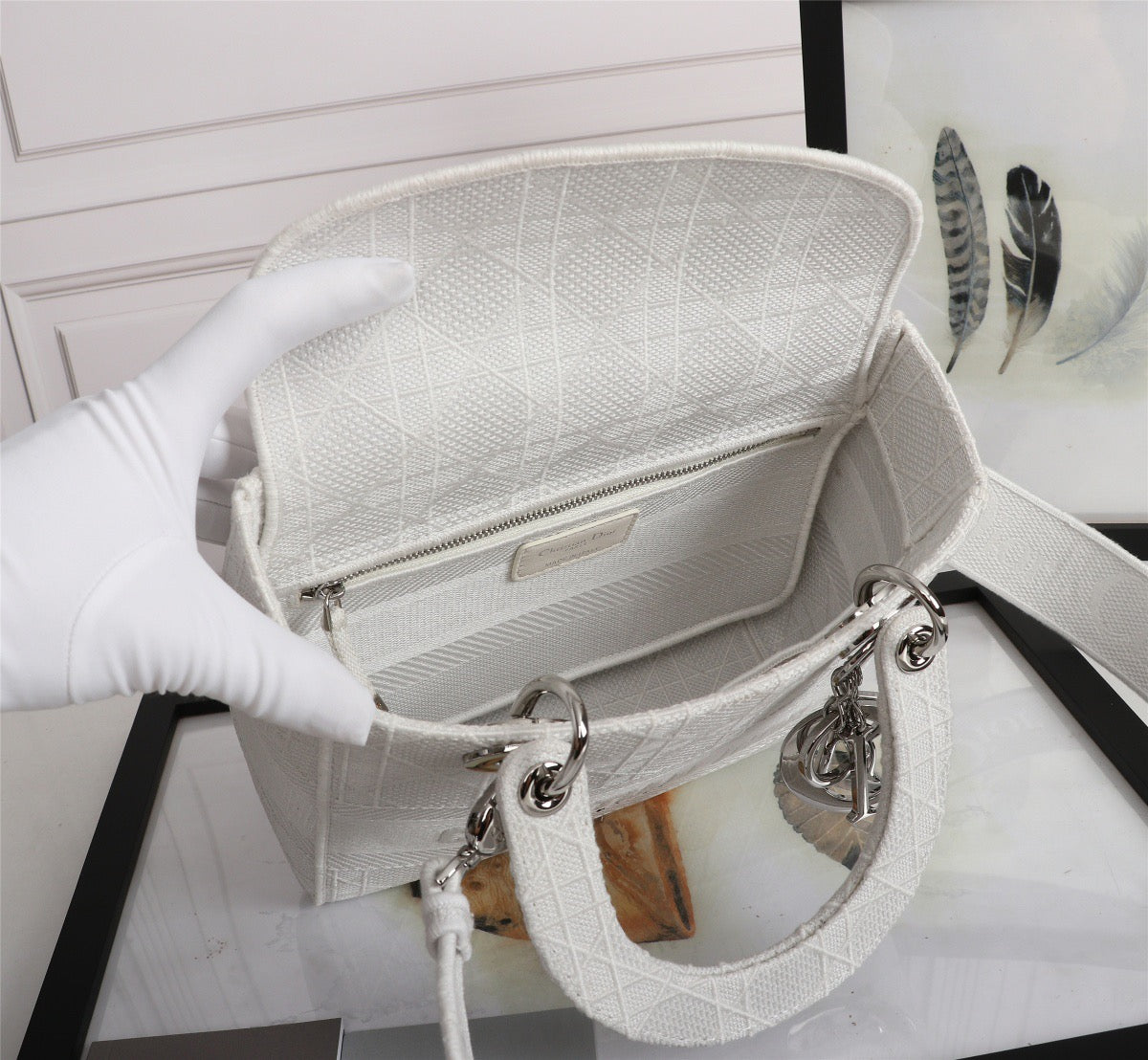 Dior Lady D-Lite Medium Bag In White Cannage Embroidered Canvas