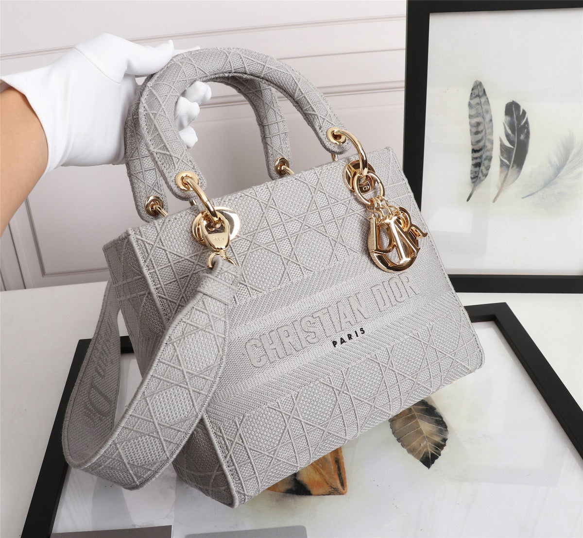 Dior Lady D-Lite Medium Bag In Gray Cannage Embroidered Canvas