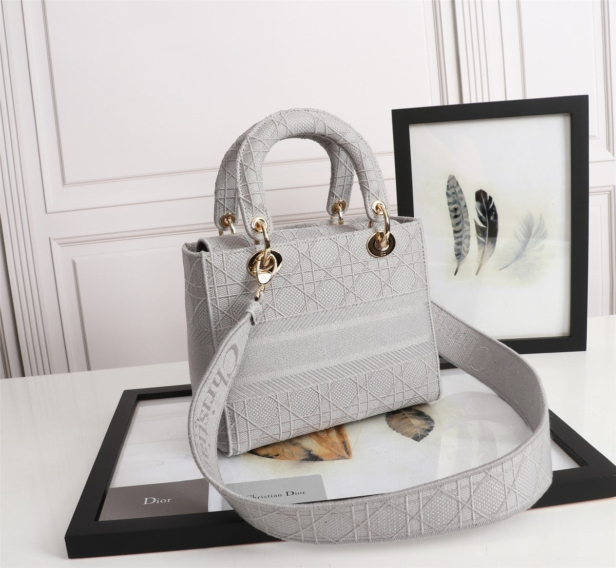 Dior Lady D-Lite Medium Bag In Gray Cannage Embroidered Canvas