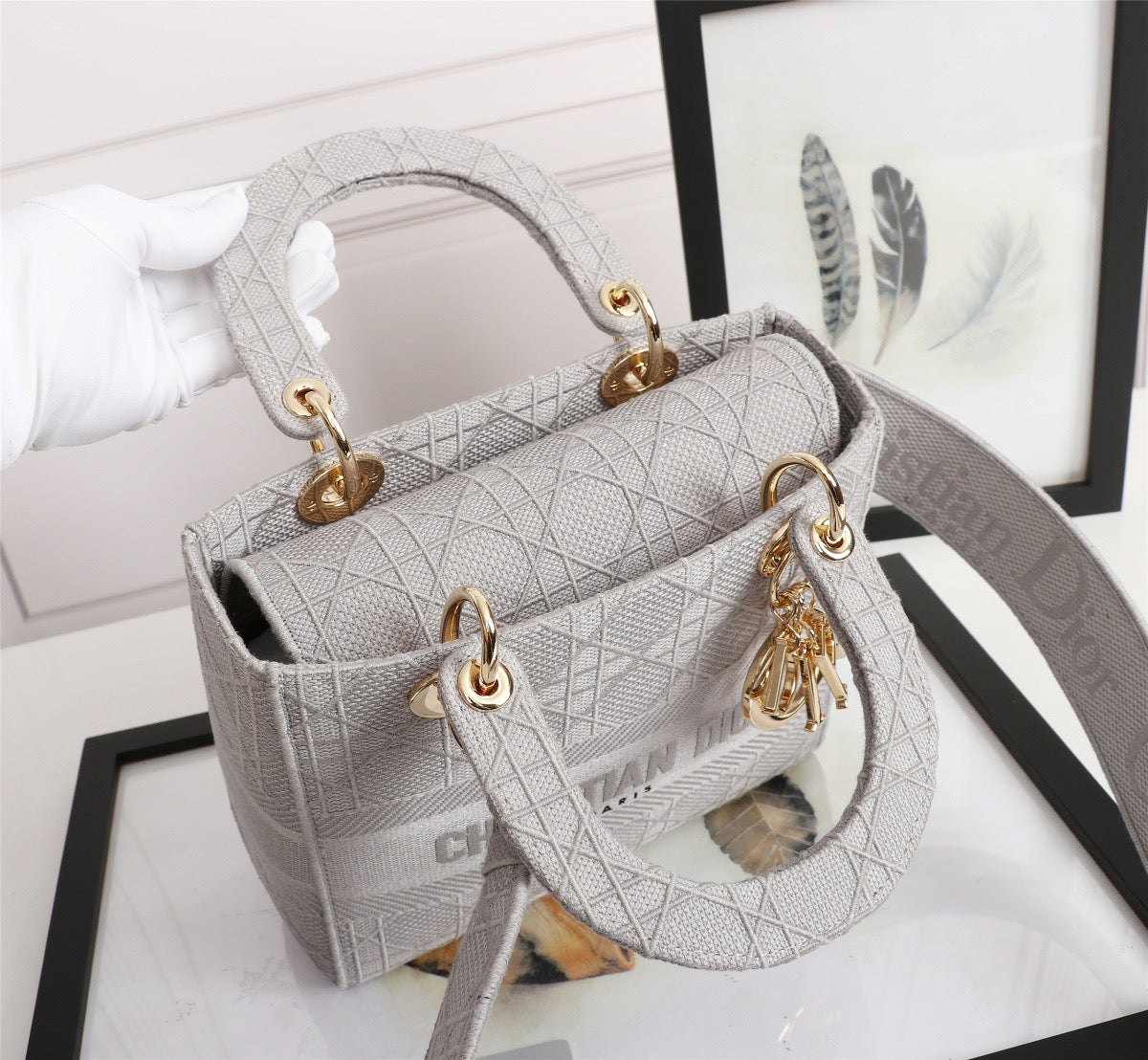 Dior Lady D-Lite Medium Bag In Gray Cannage Embroidered Canvas