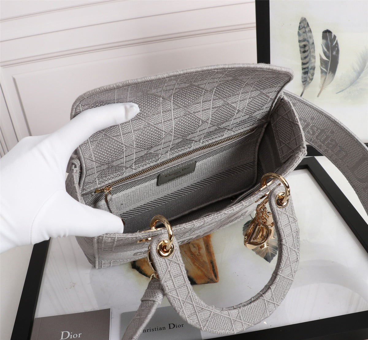 Dior Lady D-Lite Medium Bag In Gray Cannage Embroidered Canvas