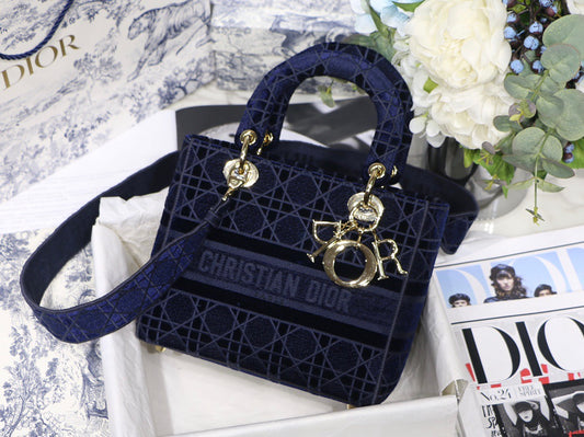 Dior Lady D-Lite Medium Bag In Dark Blue Cannage Embroidered Canvas