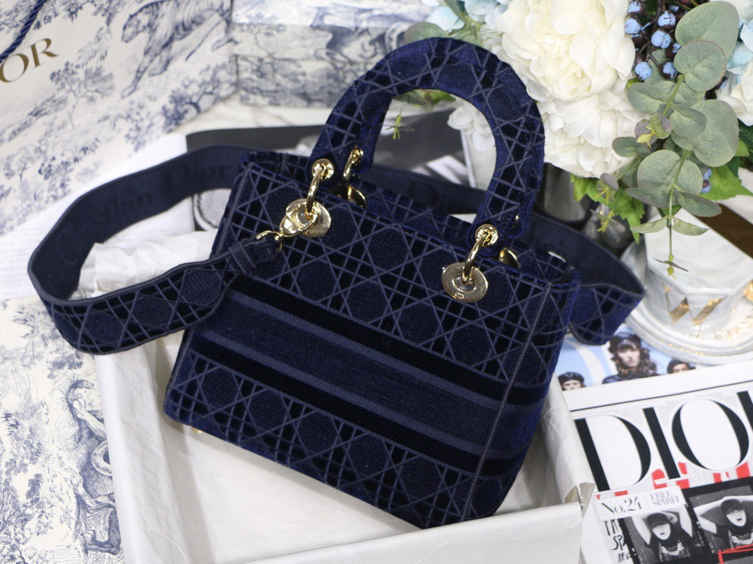 Dior Lady D-Lite Medium Bag In Dark Blue Cannage Embroidered Canvas