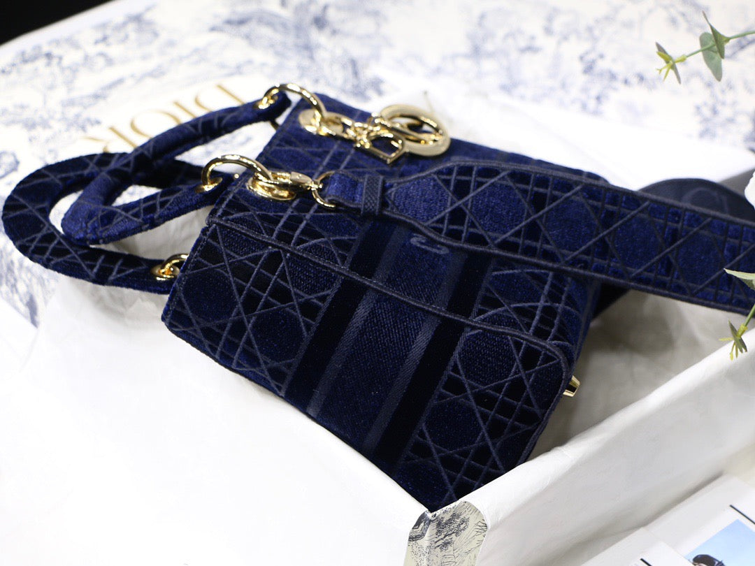 Dior Lady D-Lite Medium Bag In Dark Blue Cannage Embroidered Canvas