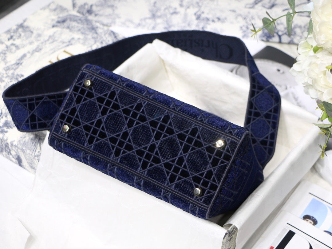 Dior Lady D-Lite Medium Bag In Dark Blue Cannage Embroidered Canvas