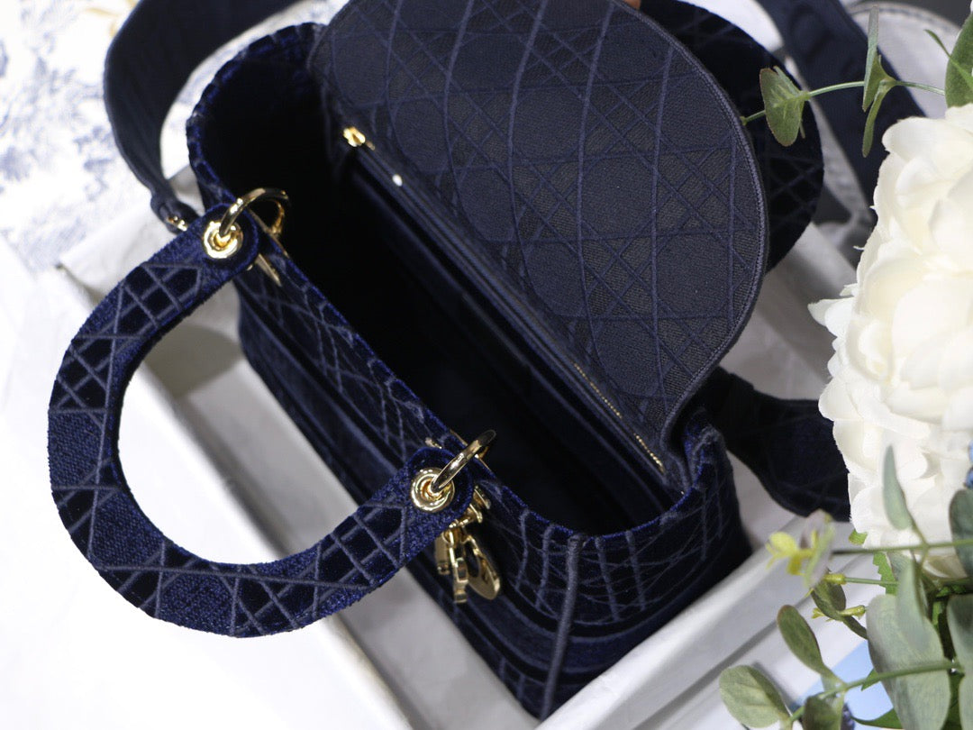 Dior Lady D-Lite Medium Bag In Dark Blue Cannage Embroidered Canvas