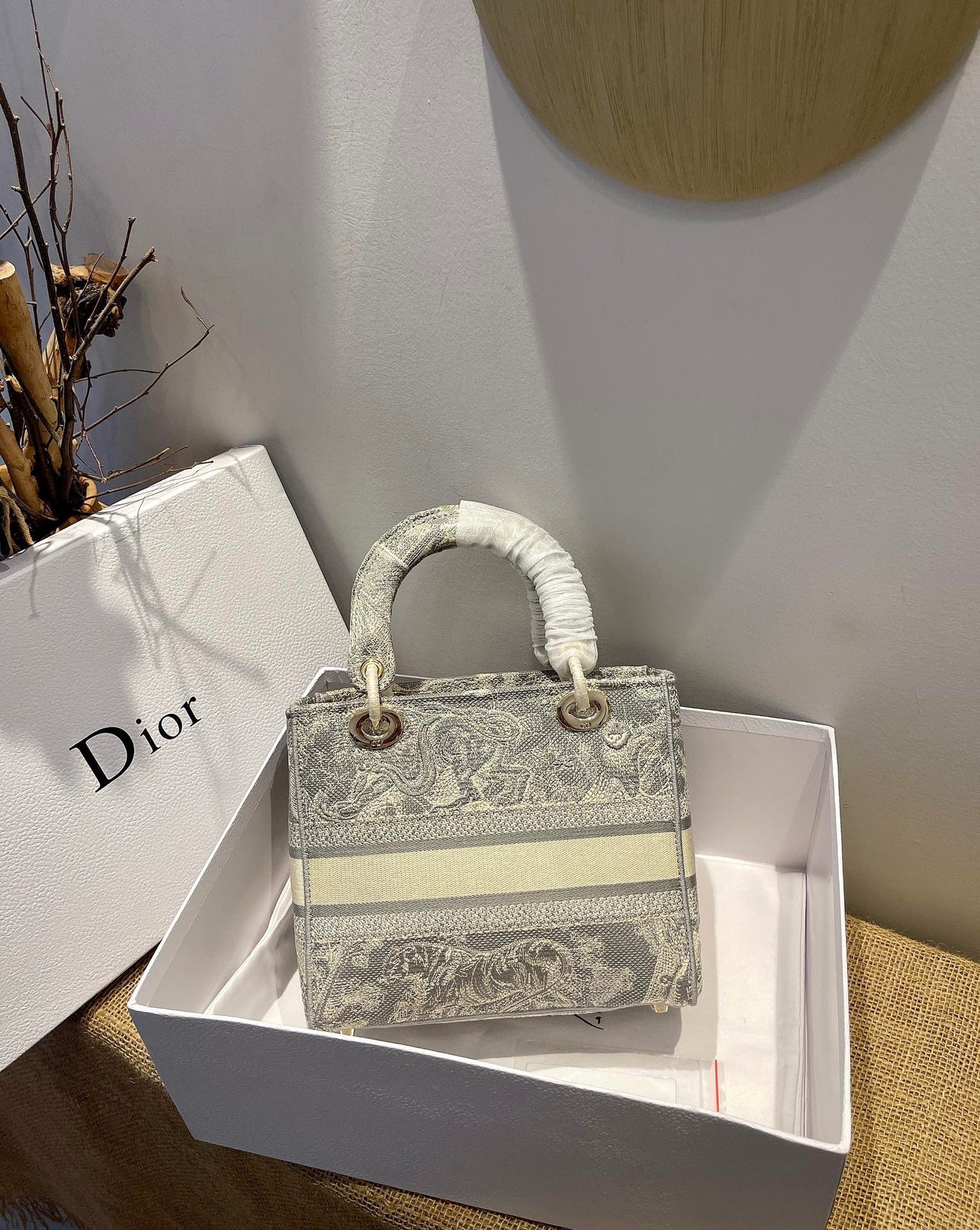 Dior Lady D-Lite Medium Bag In Gray Toile de Jouy Embroidery