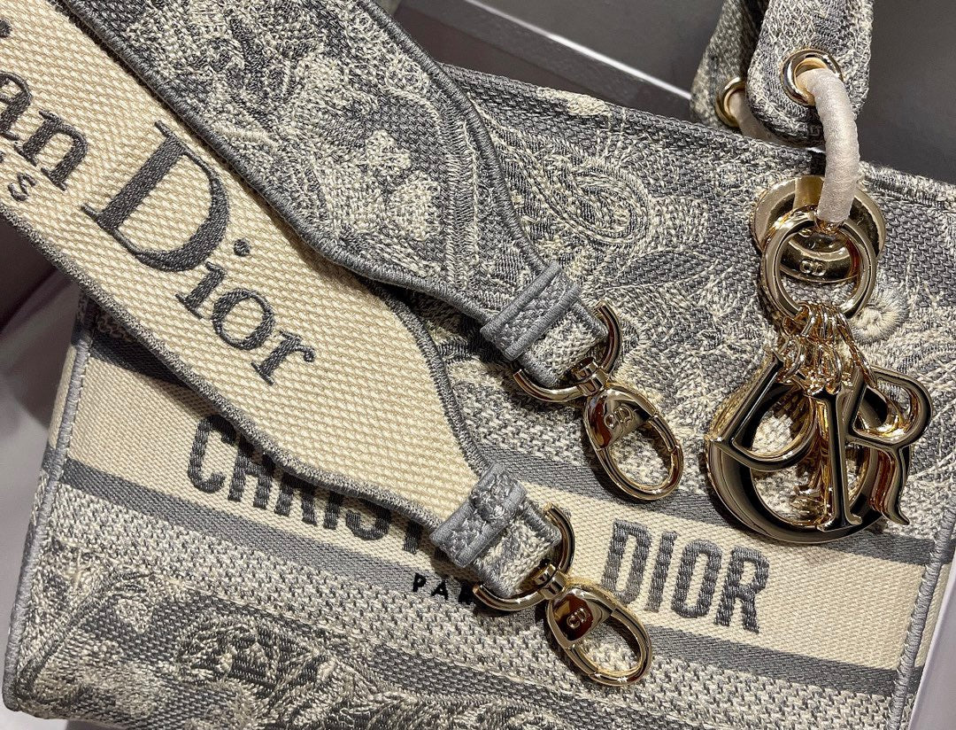 Dior Lady D-Lite Medium Bag In Gray Toile de Jouy Embroidery