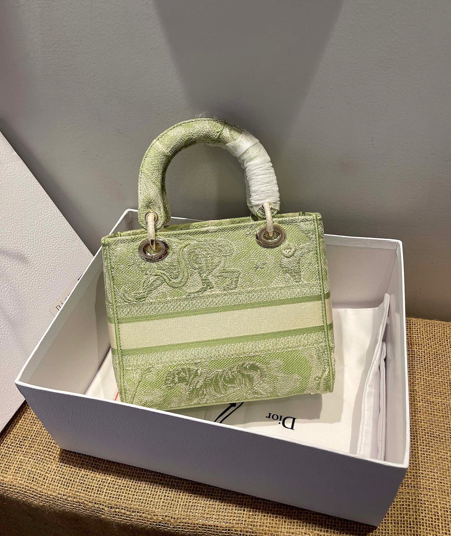 Dior Lady D-Lite Medium Bag In Green Toile de Jouy Embroidery