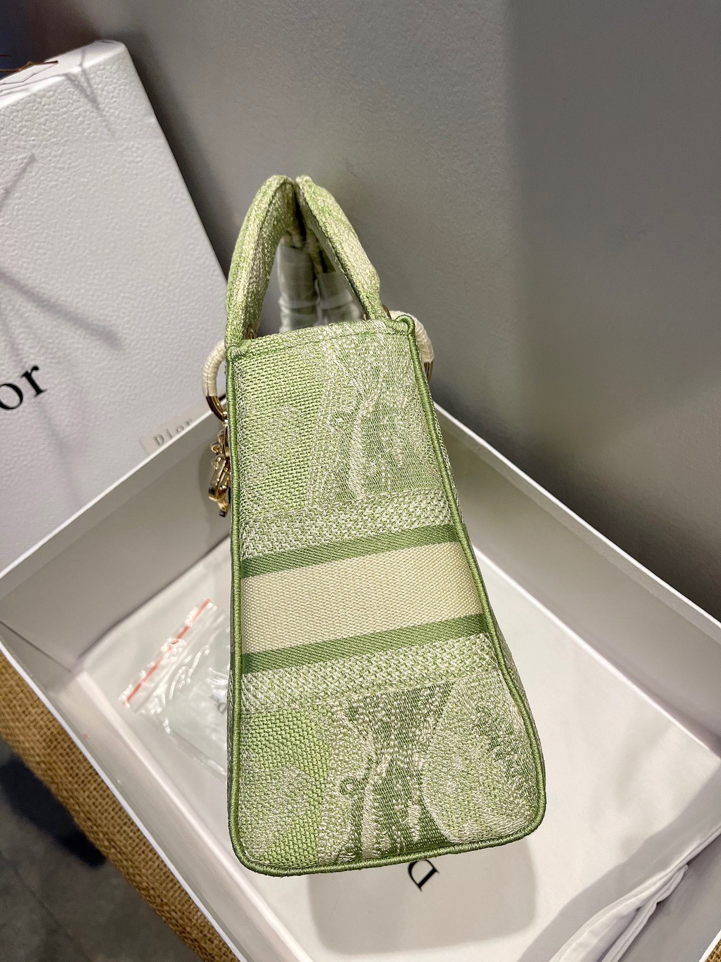 Dior Lady D-Lite Medium Bag In Green Toile de Jouy Embroidery