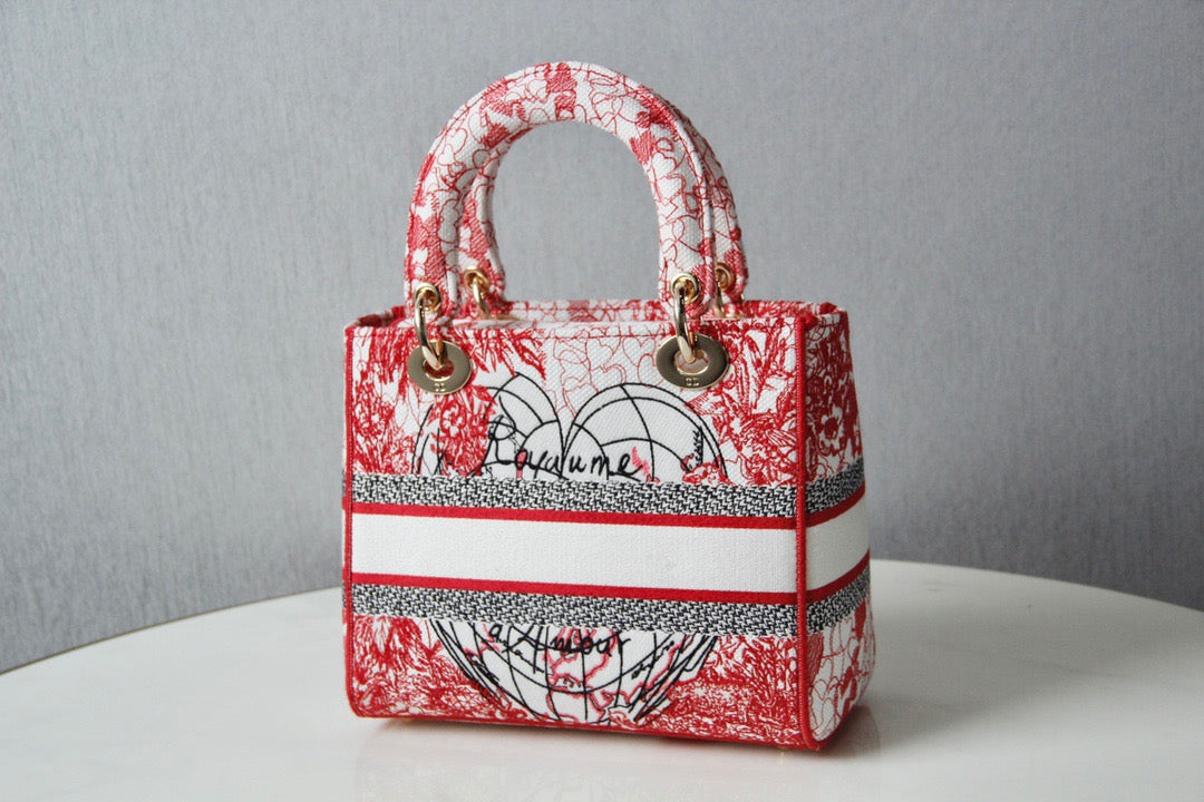 Dior Lady D-Lite Medium Bag In Red Toile de Jouy Embroidery