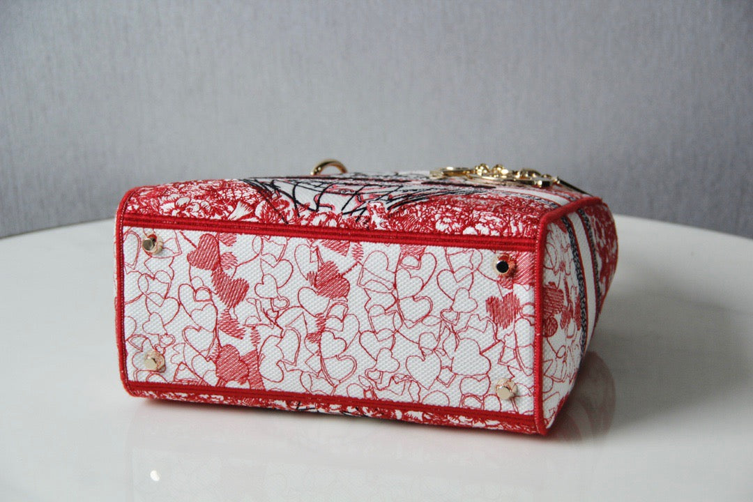 Dior Lady D-Lite Medium Bag In Red Toile de Jouy Embroidery