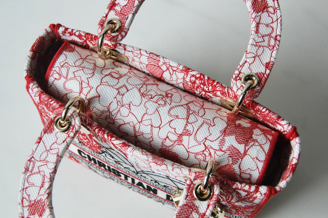 Dior Lady D-Lite Medium Bag In Red Toile de Jouy Embroidery