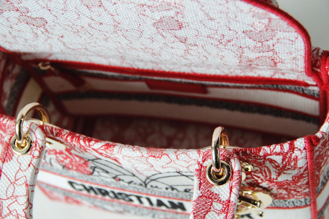 Dior Lady D-Lite Medium Bag In Red Toile de Jouy Embroidery