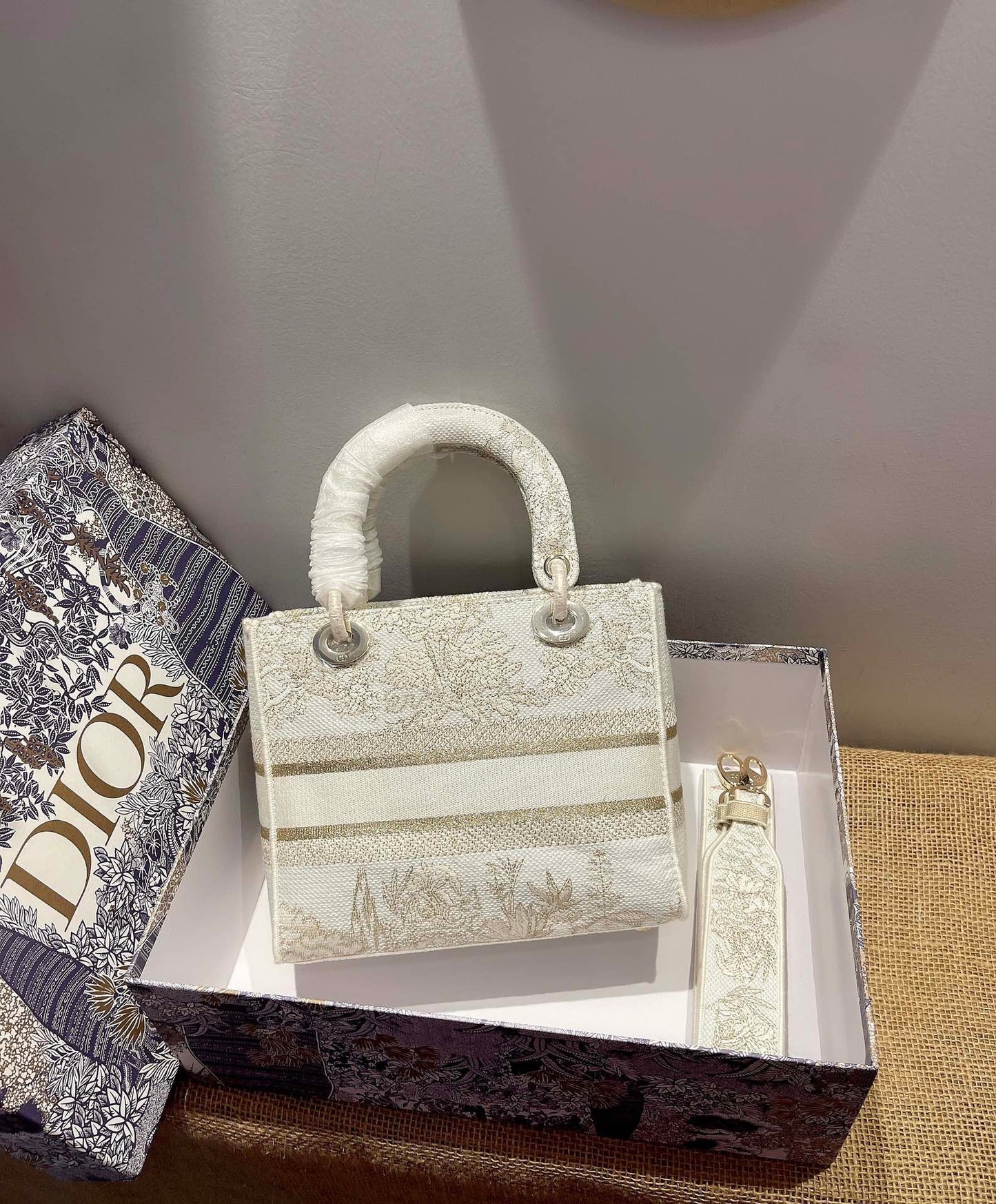 Dior Lady D-Lite Medium Bag In Gold Toile de Jouy Embroidery