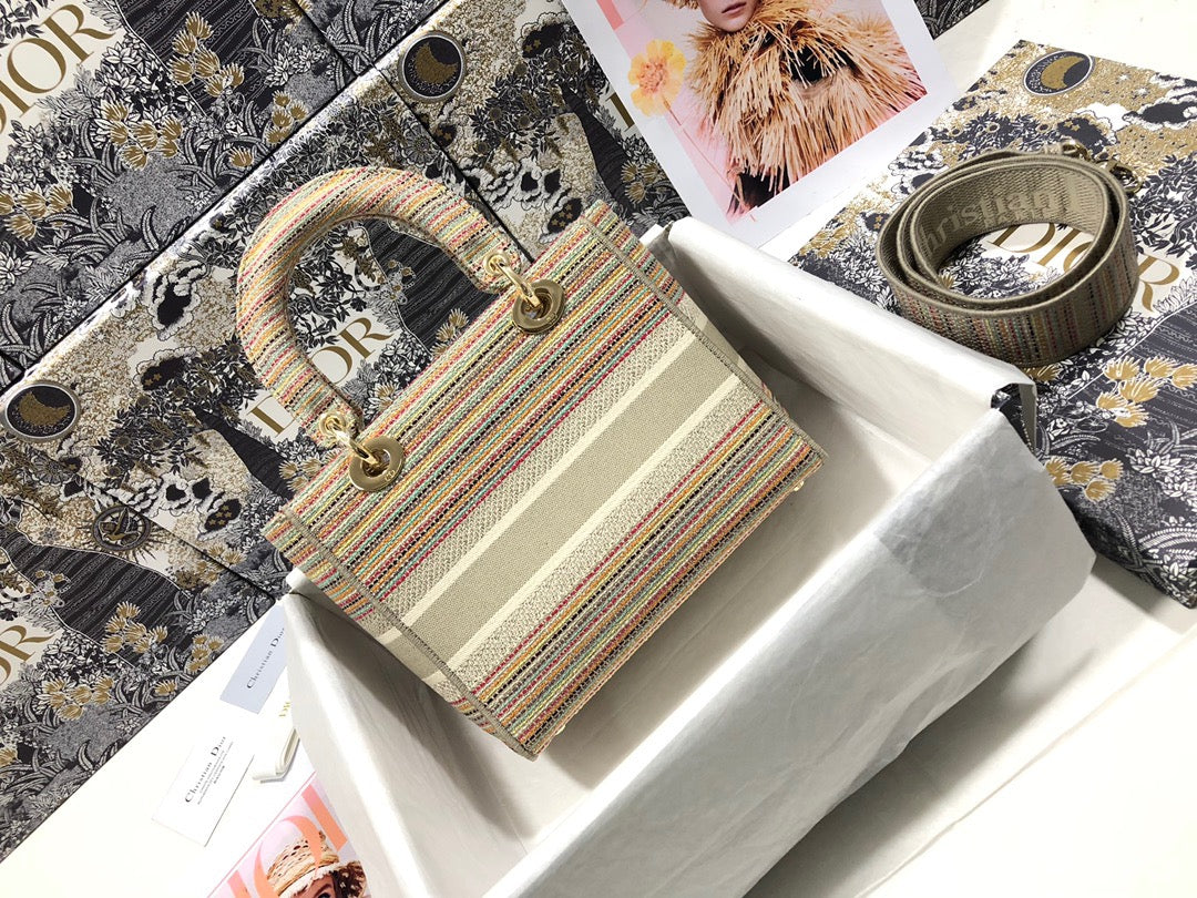 Dior Lady D-Lite Medium Bag In Color stripes Embroidery