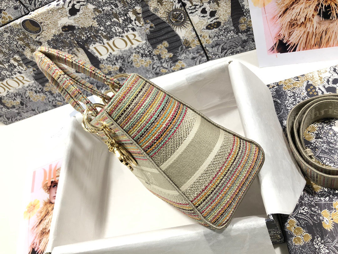 Dior Lady D-Lite Medium Bag In Color stripes Embroidery