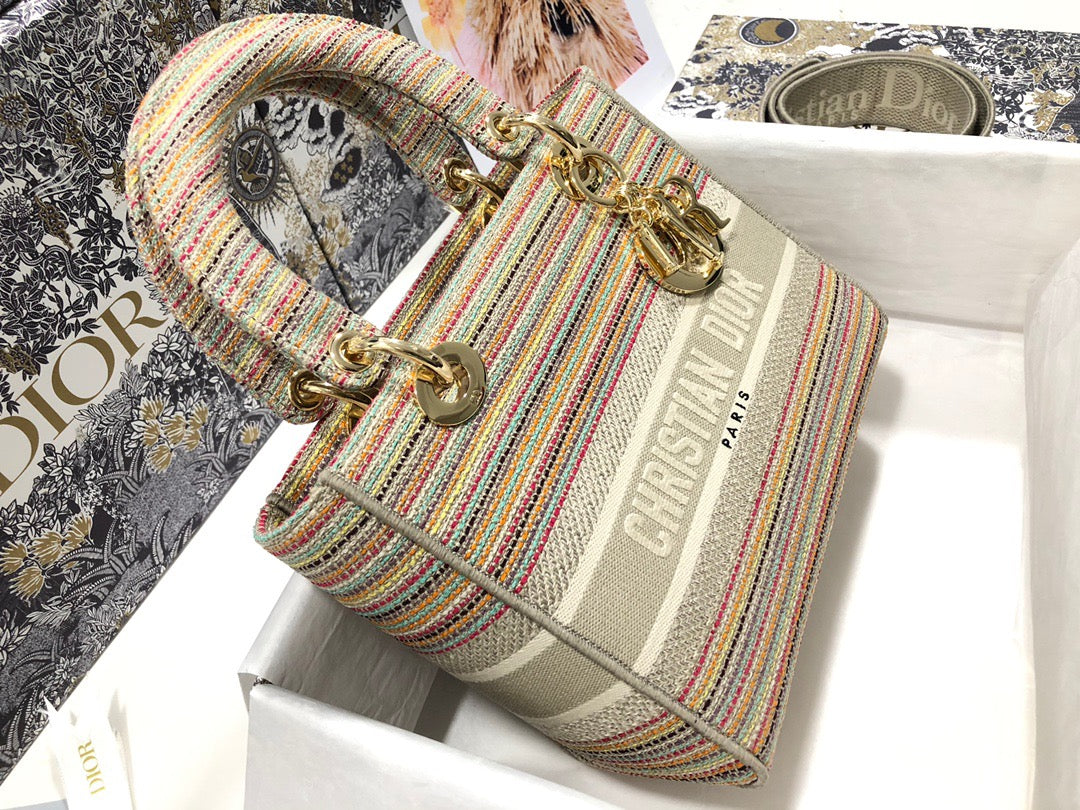 Dior Lady D-Lite Medium Bag In Color stripes Embroidery