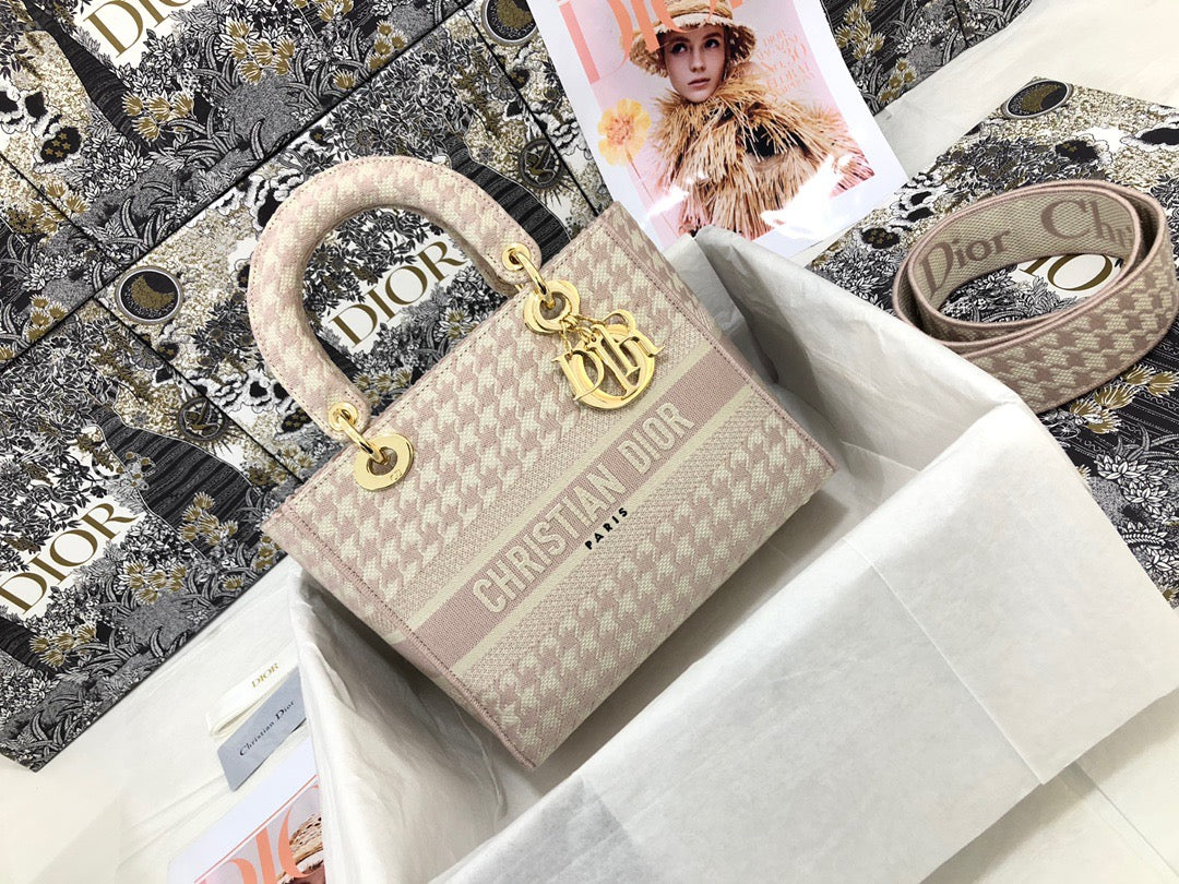 Dior Lady D-Lite Medium Bag In Pink and White Houndstooth Embroidery