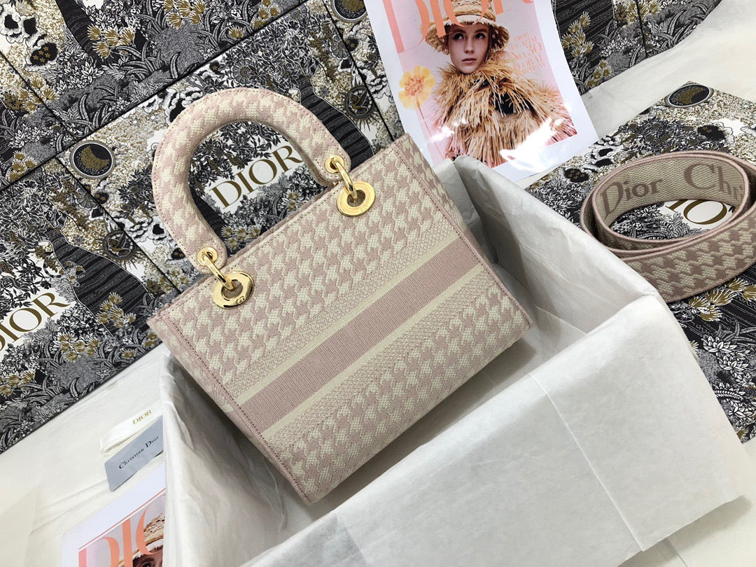 Dior Lady D-Lite Medium Bag In Pink and White Houndstooth Embroidery