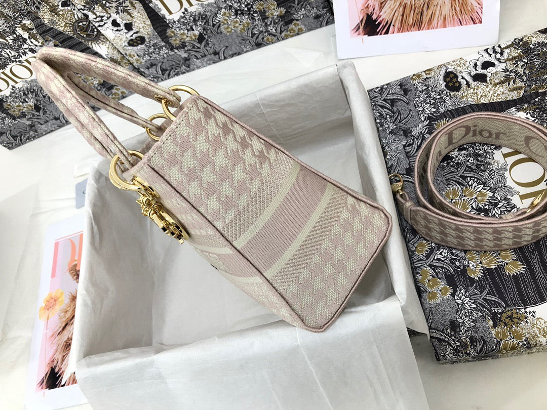 Dior Lady D-Lite Medium Bag In Pink and White Houndstooth Embroidery