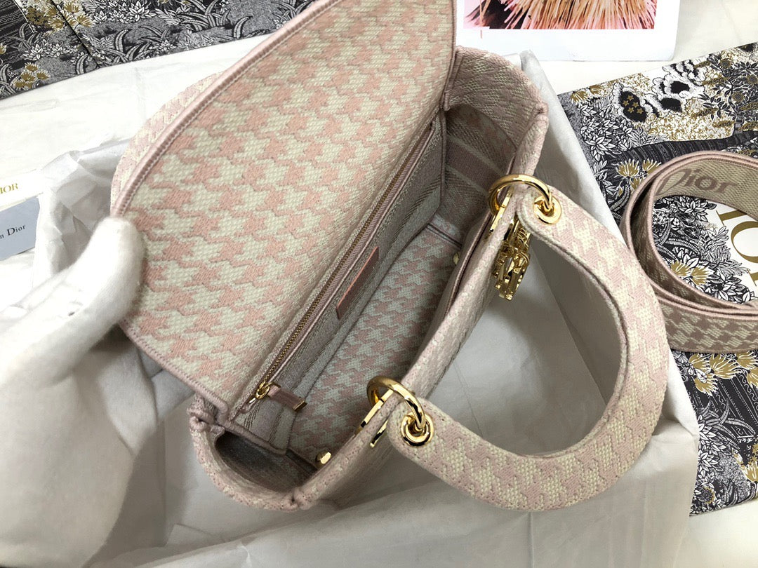 Dior Lady D-Lite Medium Bag In Pink and White Houndstooth Embroidery