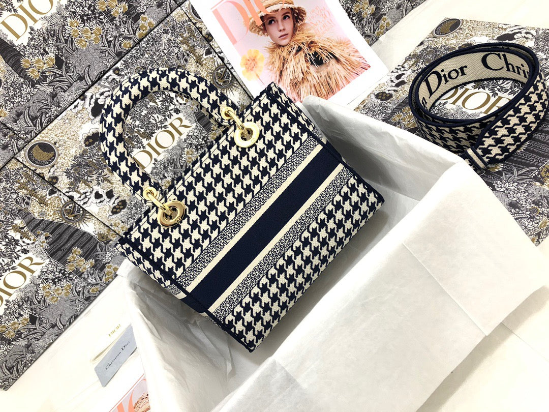 Dior Lady D-Lite Medium Bag In Black and White Houndstooth Embroidery