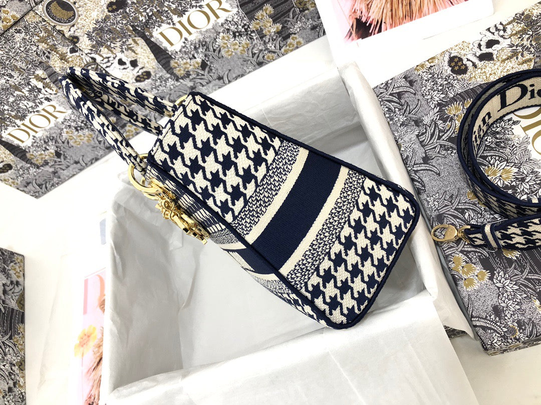 Dior Lady D-Lite Medium Bag In Black and White Houndstooth Embroidery