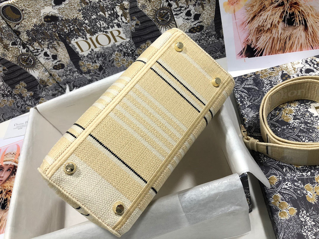 Dior Lady D-Lite Medium Bag In Apricot Five Grid Embroidery Stripes