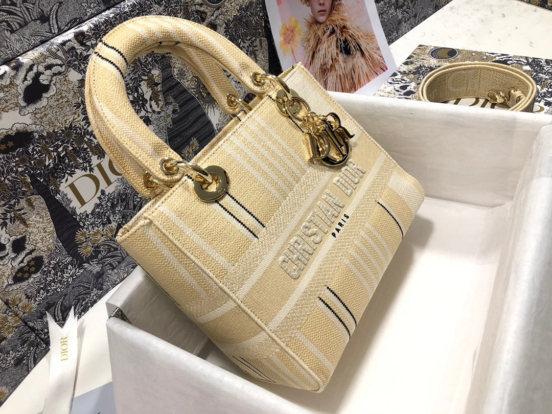 Dior Lady D-Lite Medium Bag In Apricot Five Grid Embroidery Stripes