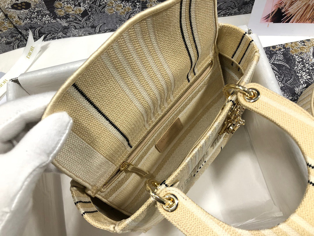 Dior Lady D-Lite Medium Bag In Apricot Five Grid Embroidery Stripes