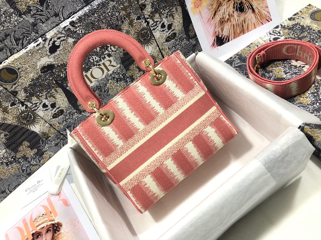 Dior Lady D-Lite Medium Bag In Pink Five Grid Embroidery Stripes