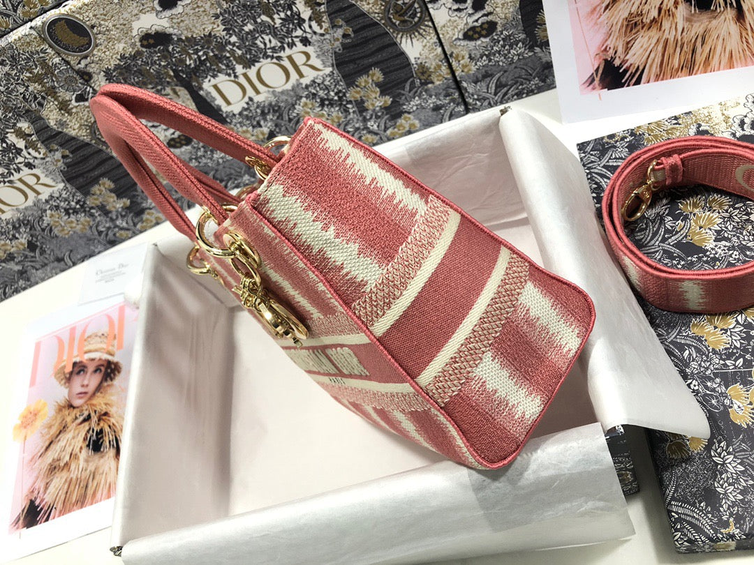 Dior Lady D-Lite Medium Bag In Pink Five Grid Embroidery Stripes