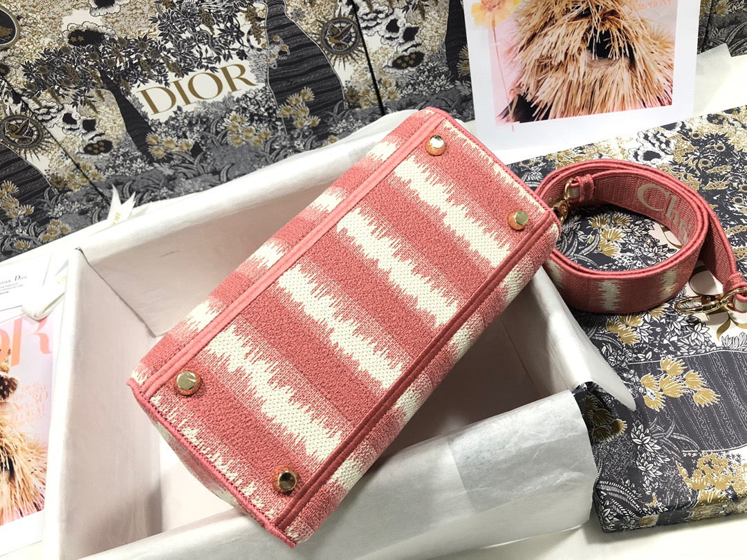 Dior Lady D-Lite Medium Bag In Pink Five Grid Embroidery Stripes